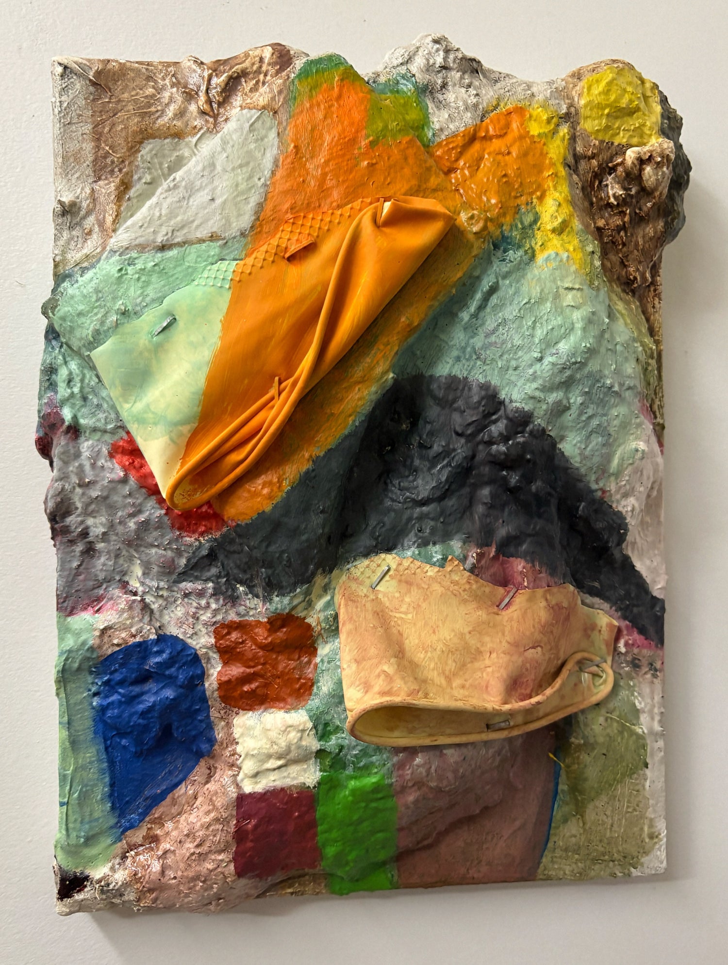 Small mixed media oil painting using abstract shapes and bright colors. Title: How beautiful these things you do. 