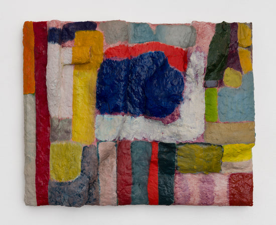 Abstract textured artwork with multicolored blocks on a white background